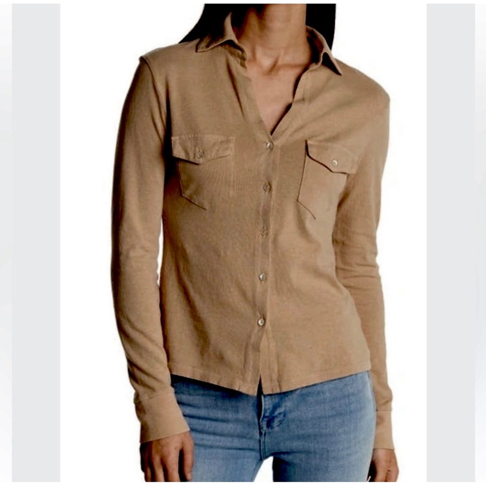 Nili Lotan Womens Cotton Jersey Button Down Shirt Safari Pocket Top Made in‎ USA